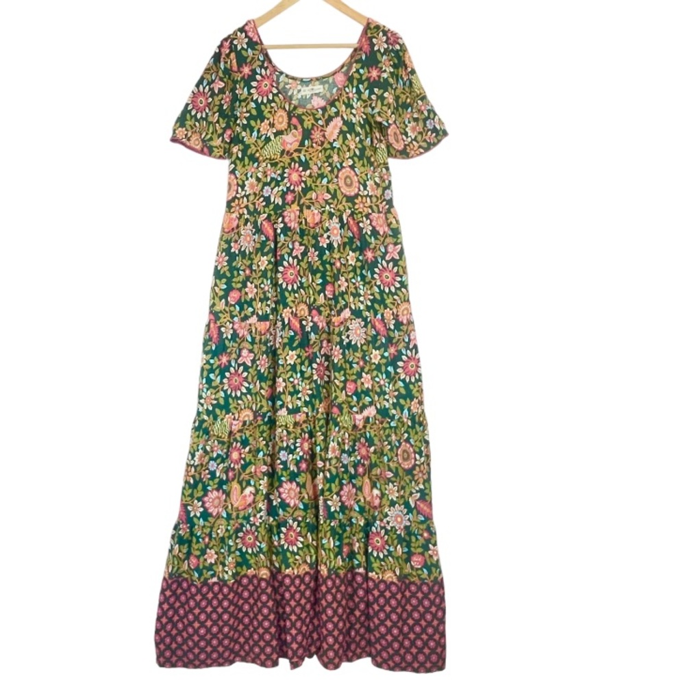 Natural Life Lucia Maxi Dress Bohemian Floral Flowy Print Green Pink Bird Sz XS